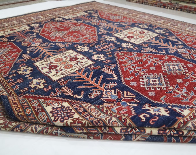 9x12 Afghan Kazak Rug – Handmade Wool, Blue and Red Organic Dye