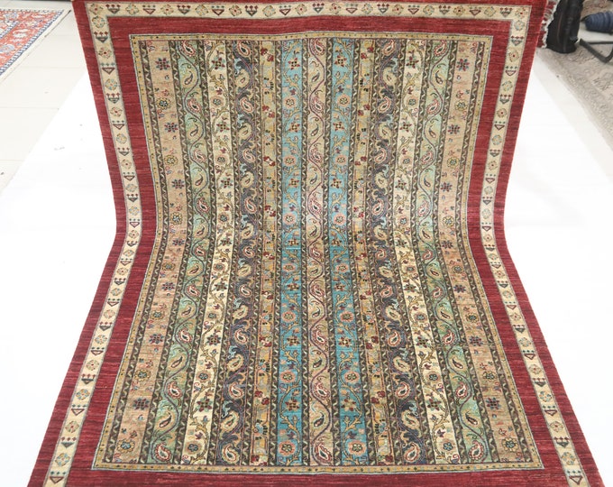 6x8 Hand-Knotted Turkish Wool Rug – Red Striped Shawl Pattern