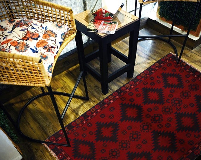 Hand-knotted Baluchi in Red and Blue 2.95 x 4.59 ft