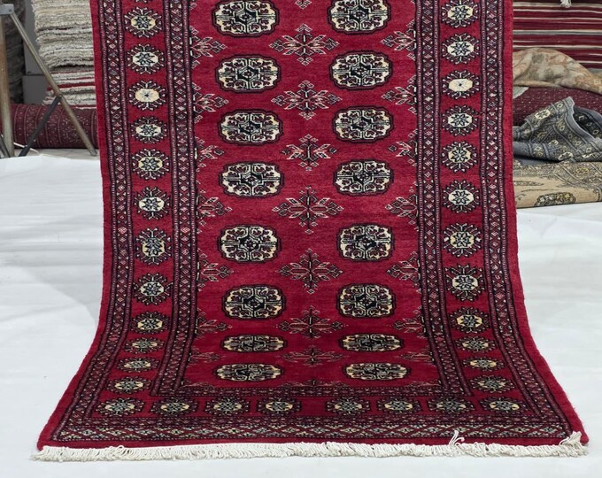3 X 5 ft Red Geometrical Handmade, Mori Bokhara Cotton and Wool