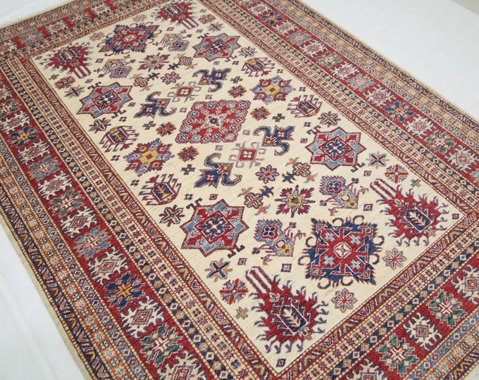 Handmade Kazak Wool Rug – Beige Red Afghan Geometric Area Rug (5.5x7.8 Ft)