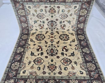 5 X 6.5 ft Handmade Floral Chobi Rug, Beige and Brown, Cotton and Wool