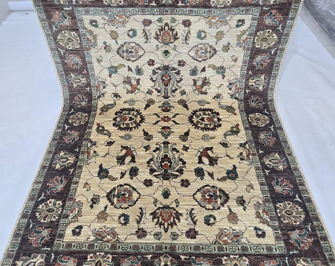 5 X 6.5 ft Handmade Floral Chobi Rug, Beige and Brown, Cotton and Wool