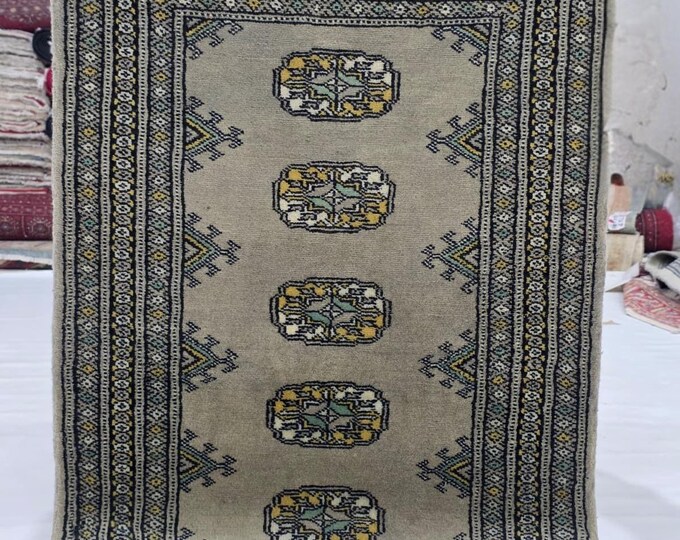 2 X 3 ft Gray Geomatrical Handmade, Mori Bokhara Cotton and Wool