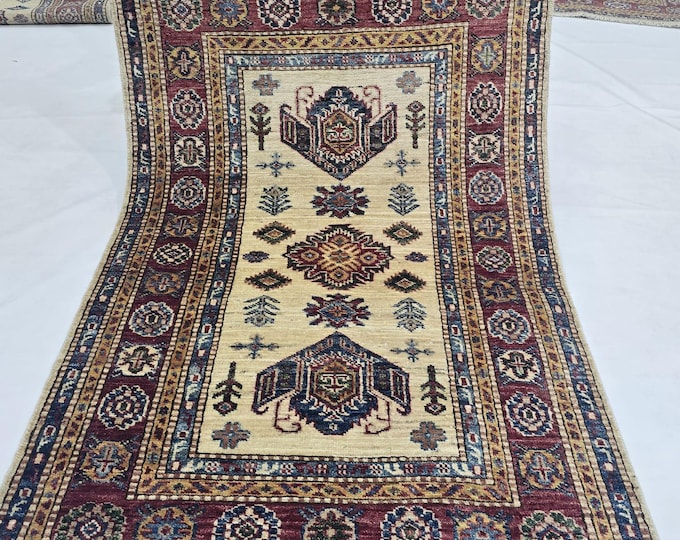 2.5 X 4 ft Handmade Geometrical Super Kazak Rug, Red and Beige, Cotton and Wool