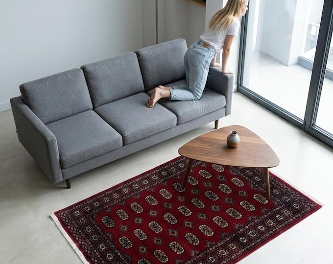 4.0 X 5.9 ft Red Geomatrical Handmade Runner, Mori Bokhara Cotton and Wool