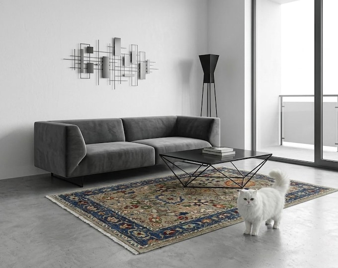 3.1 X 5.7 ft Gray and Blue Floral Handmade ,Heriz Cotton and Wool