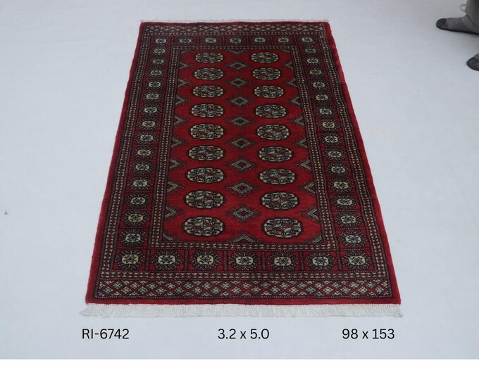 Hand-knotted Mohri Bokhara Cotton and Wool Rug Geomatrical in Red and Red border, 3.2 x 5.0 ft