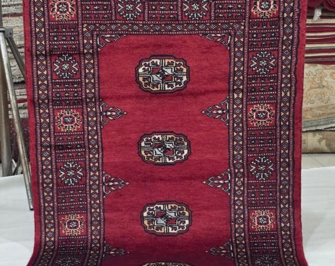 2.5 X 4 ft Red Geometrical Handmade, Mori Bokhara Rug Cotton and Wool