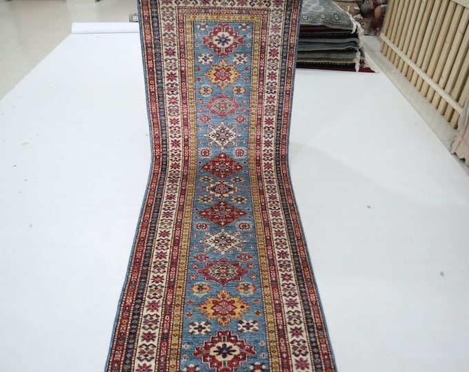 8 Ft Blue Kazak Runner Rug, Hand-Knotted Wool, Geometric Caucasian Design