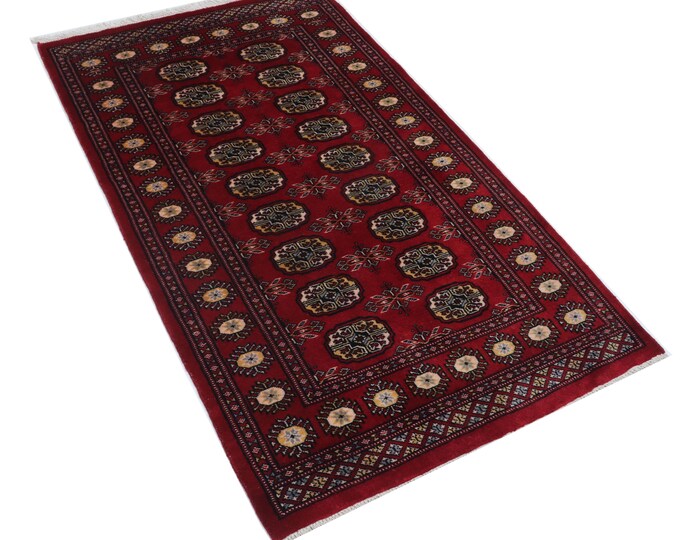 3.1 X 5.3 ft Red Geomatrical Handmade Runner, Mori Bokhara Cotton and Wool