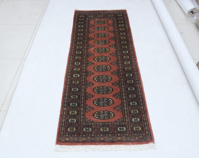 2.0 X 5.9 ft Copper Geomatrical  Runner Handmade, Mori Bokhara Cotton and Wool