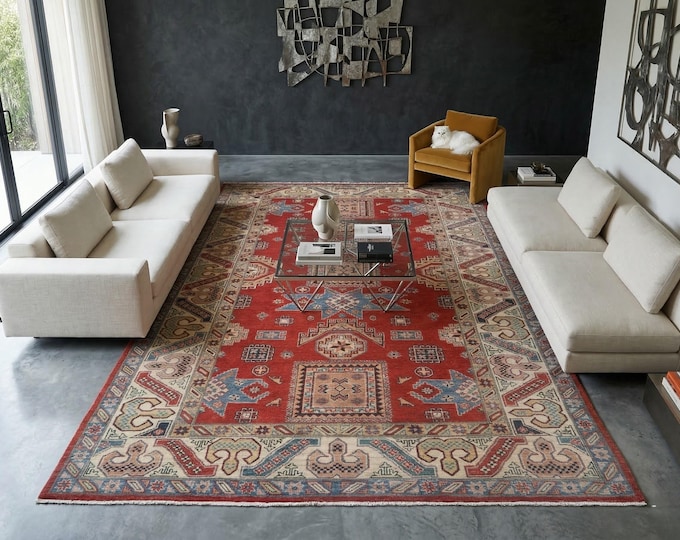 6.0 X 9.0 ft Red and Beige Geomatrical Handmade , Super Kazak Cotton and Wool