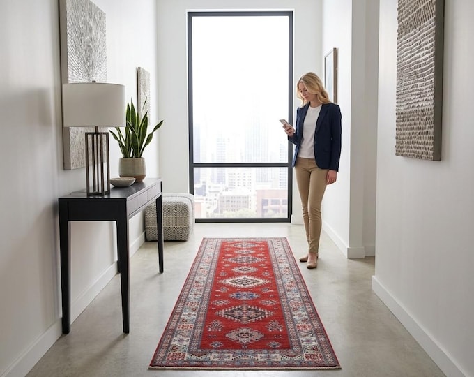 2.7 X 9.1 ft Red and Beige Geomatrical Handmade Runner, Super Kazak Cotton and Wool