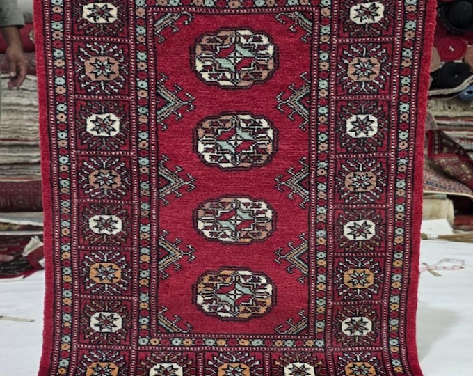2 X 3 ft Red Geometrical Handmade, Mori Bokhara Cotton and Wool