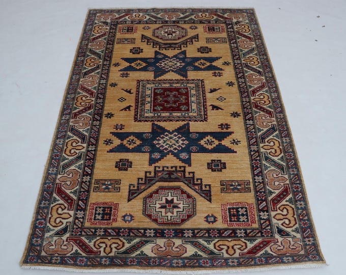 3.1 X 5.9 ft Brown and Beige Geomatrical Handmade , Super Kazak Cotton and Wool