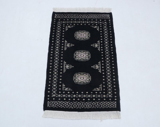 2.2 X 3.5 ft Black Geomatrical Handmade, Mori Bokhara Cotton and Wool
