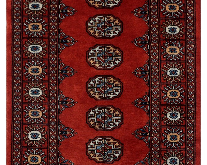 2.5 X 4 ft Red Geometrical Handmade , Mori Bokhara Cotton and Wool
