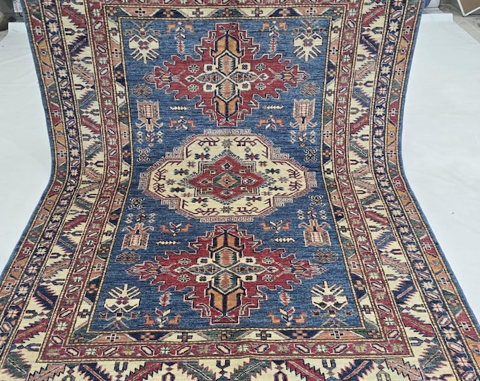 5 X 6.5 ft Handmade Geometrical Super Kazak Rug, Blue and Beige, Cotton and Wool