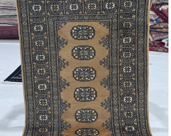 2.5 X 4 ft Brown Geometrical Handmade, Mori Bokhara Rug Cotton and Wool