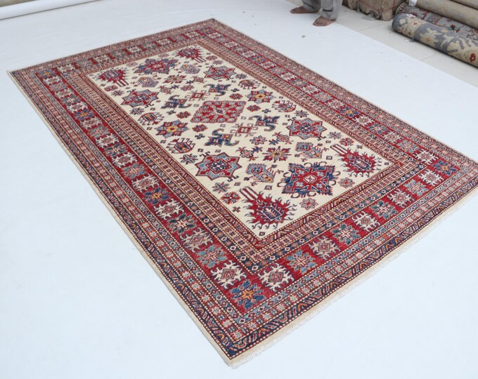 5.0 X 8.0 ft Red and Beige Geomatrical Handmade, Super Kazak Cotton and Wool