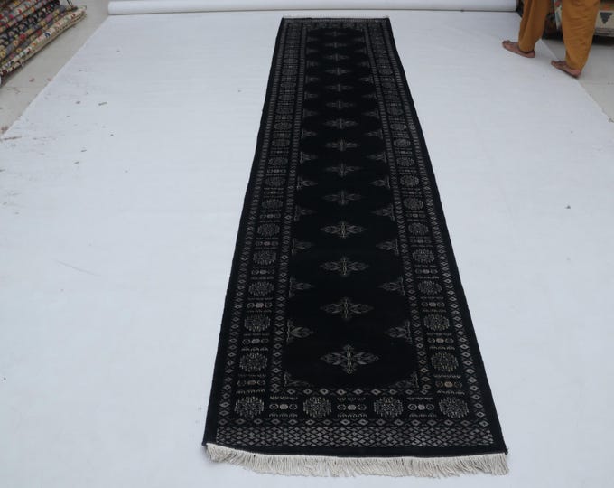 2.8 X 11.9 ft Black Geomatrical Handmade Runner, Mori Bokhara Cotton and Wool
