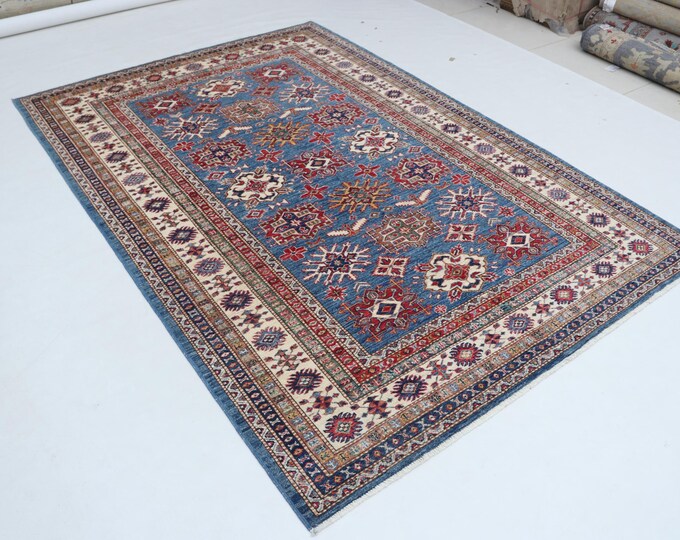 5.7 X 8.0 ft Blue and Beige Geomatrical Handmade , Super Kazak Cotton and Wool