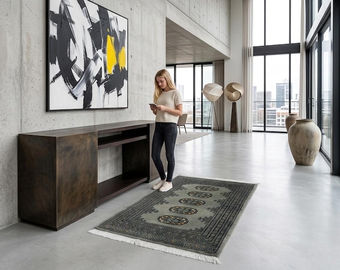 2.0 X 2.11 ft Gray Geomatrical Handmade ,Mori Bokhara Cotton and Wool