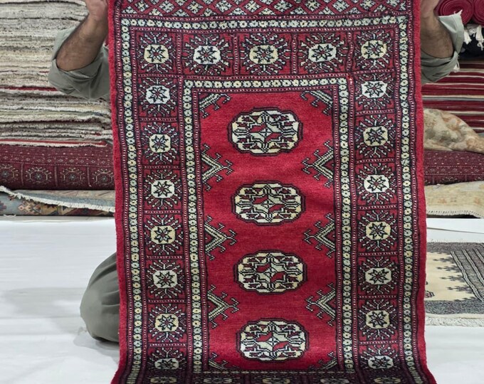 2 X 3 ft Red Geometrical Handmade, Mori Bokhara Cotton and Wool