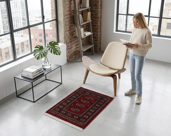 2.2 X 2.9 ft Red Geomatrical Handmade ,Mori Bokhara Cotton and Wool