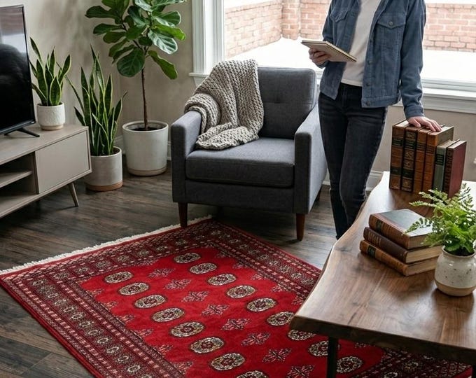 4.1  X 6.0 ft Red Geomatrical Handmade Runner, Mori Bokhara Cotton and Wool