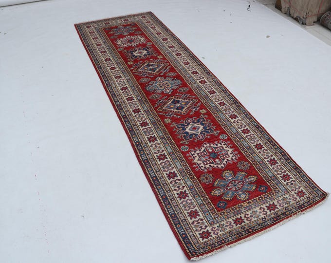3 X 8 ft Red and Beige Geomatrical Handmade Runner, Super Kazak Cotton and Wool