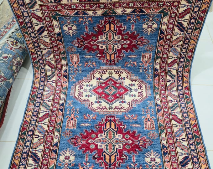 5 X 6.5 ft Handmade Geometrical Super Kazak Rug, Blue and Beige, Cotton and Wool