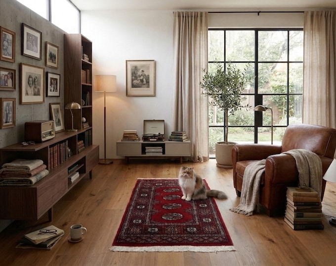 2.0 X 3.0 ft Red Geomatrical Handmade ,Mori Bokhara Cotton and Wool