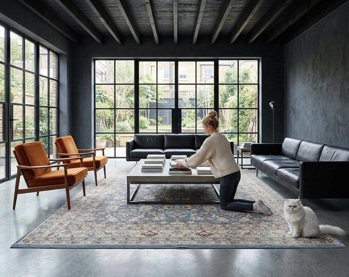 8.10 X 11.16 ft Blue and Beige Geomatrical Handmade ,Heriz Cotton and Wool