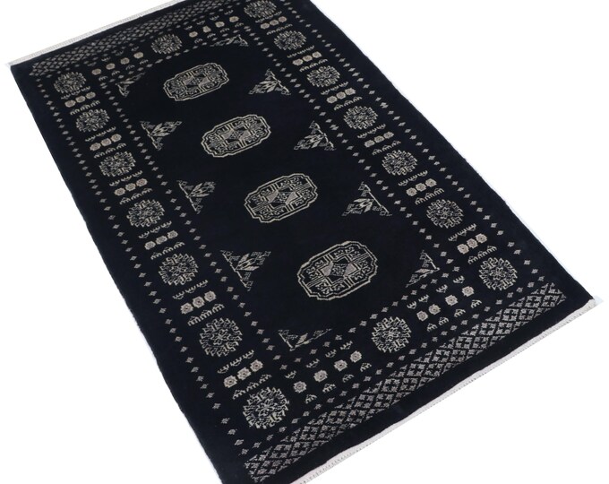 2.8 X 4.3 ft Black Geomatrical Handmade ,Mori Bokhara Cotton and Wool