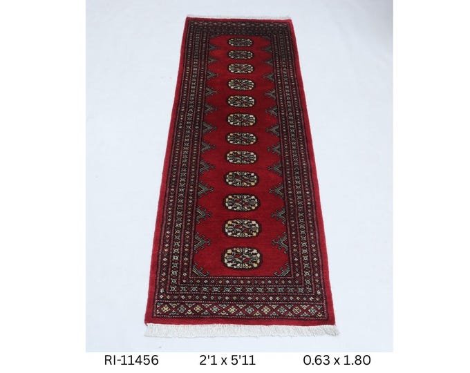 Hand-knotted Mohri Bokhara Cotton and Wool Rug, Geomatrical in Red base and Red border, 2.1 x 5.11 ft