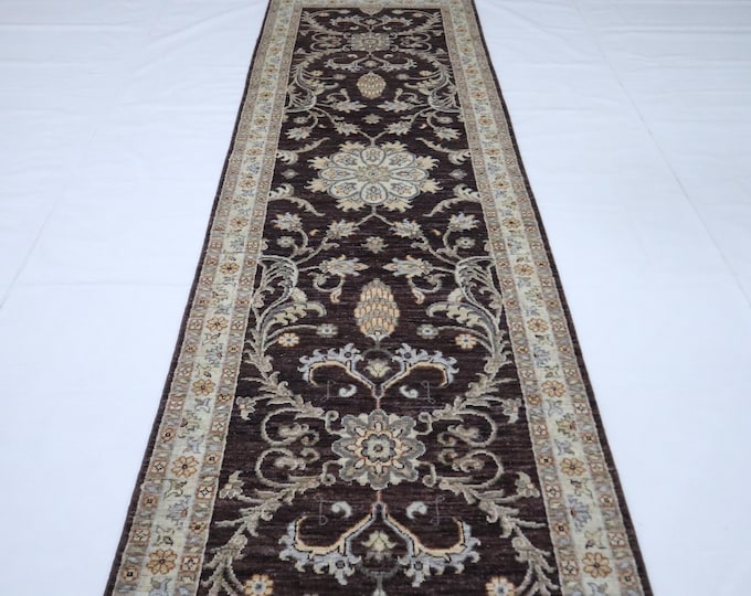 9 Ft Dark Brown Chobi Runner Rug, Hand Knotted Afghan Wool, Floral Organic Dye