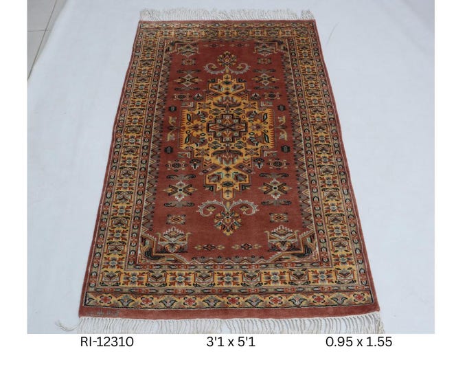 Hand-Knotted Wool & Silk Touch Rug, Red Geometric Design (3.1 x 5.1 ft.)