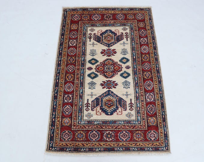 3 X 4 ft Beige and Red Geomatrical Handmade, Super Kazak Cotton and Wool