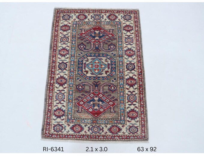 Hand-knotted Super Kazak Cotton and Wool Rug, Geomatrical in Brown base and Beige border, 2.1 x 3.0 ft