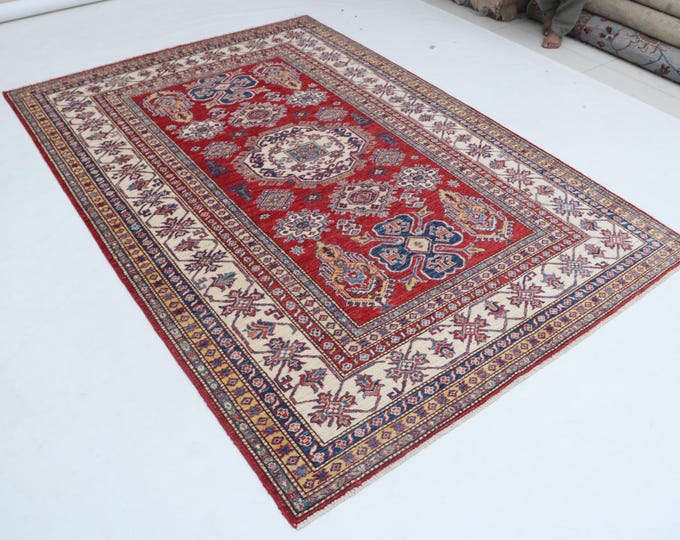 5.7 X 7.10 ft Red and Beige Geomatrical Handmade , Super Kazak Cotton and Wool
