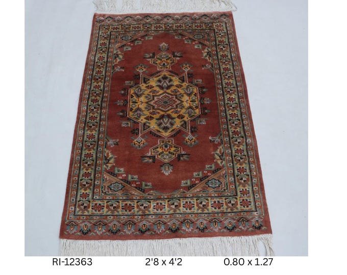 Hand-Knotted Wool & Silk Touch Rug, Copper and Yellow Geometric Design, 2.8 x 4.2 ft