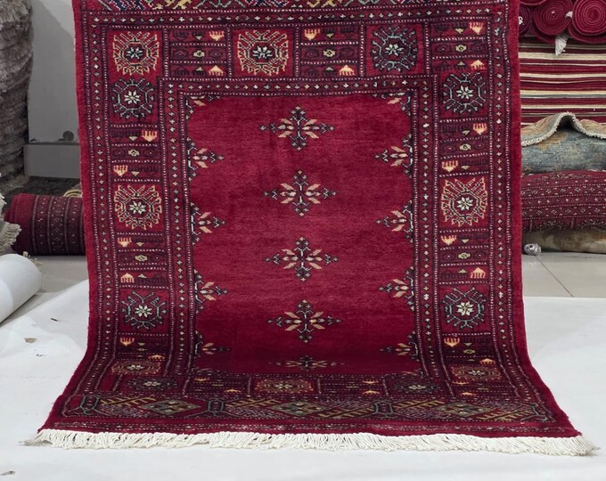 3 X 5 ft Red Geometrical Handmade, Mori Bokhara Cotton and Wool