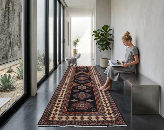 2.6 X 8.1 ft Black and Beige Geomatrical Handmade Runner , Super Kazak Cotton and Wool