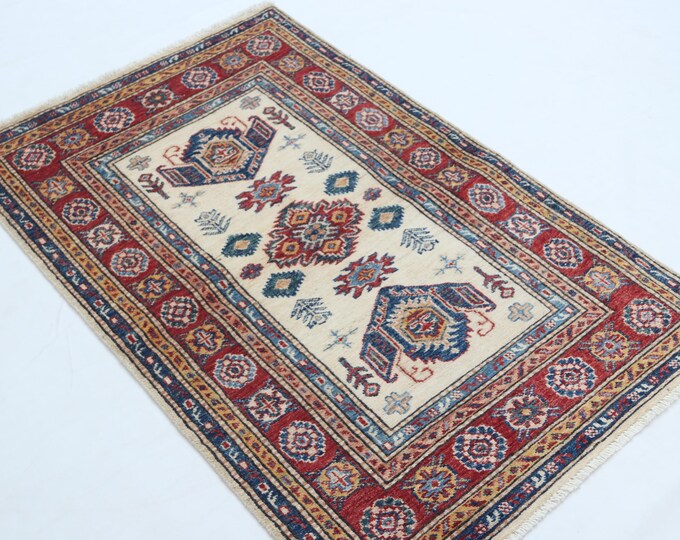 2.5 X 4 ft Handmade Geometrical Super Kazak Rug, Beige and Red, Cotton and Wool