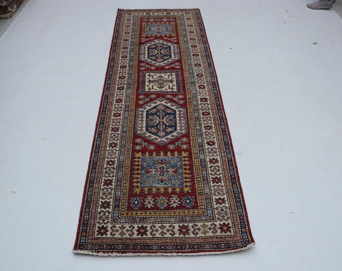 2.7 x 8.3 ft Red and Beige Geomatrical Handmade Runner , Super Kazak Cotton and Wool