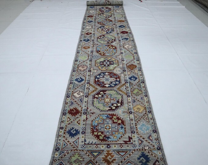 14 Ft Gray Ersari Runner Rug, Hand Knotted Afghan Wool, Geometric Tribal Design