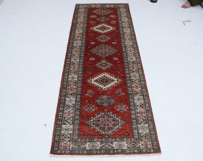 3 X 8 ft Red and Beige Geomatrical Handmade Runner, Super Kazak Cotton and Wool