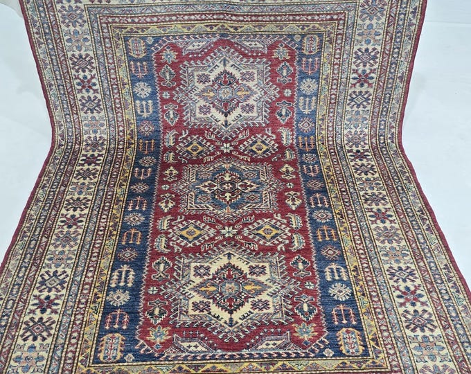 5 X 7 ft Handmade Geometrical Super Kazak Rug, Red and Beige, Cotton and Wool
